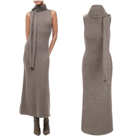 NWT Staud Canal Merino Wool Midi Dress Taupe Sleeveless Size Large - Picture 8 of 11